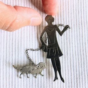 Antique 1920s Art Deco Flapper Lady with Dog on Chain Lease Brooch Pin